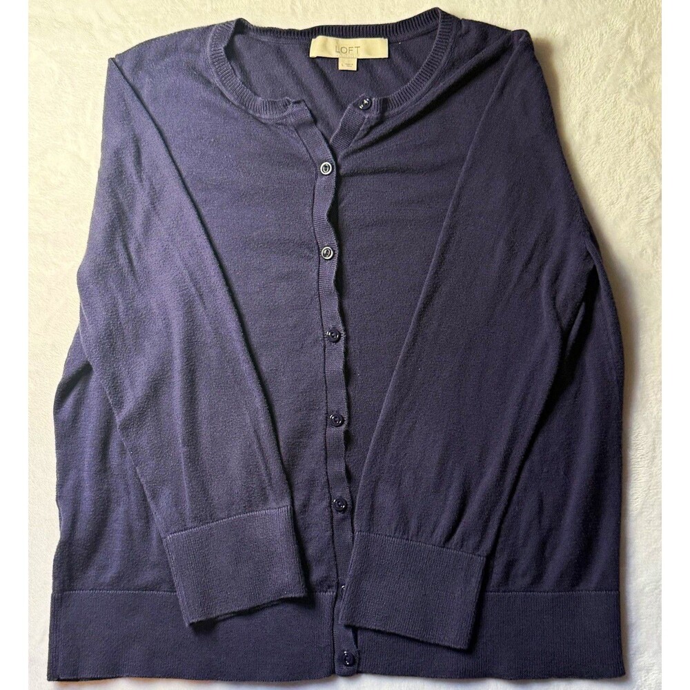 LOFT Blue Solid V-Neck Button Front Knit Pima Cotton Cardigan Sweater L